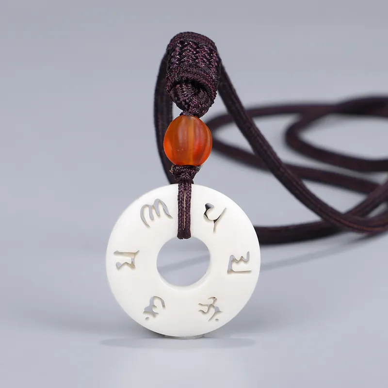 Handmade Simple Rope Chain With Hand carved Mantra Sign Nut Pendant Necklace Tibetan Buddhist Amulet Unisex Jewelry 1302