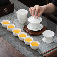 Service à thé portable en porcelaine blanche de Dehua, style tendance national, motif jade effet graisse de mouton, avec bol à couvercle et tasse à thé, coffret cadeau