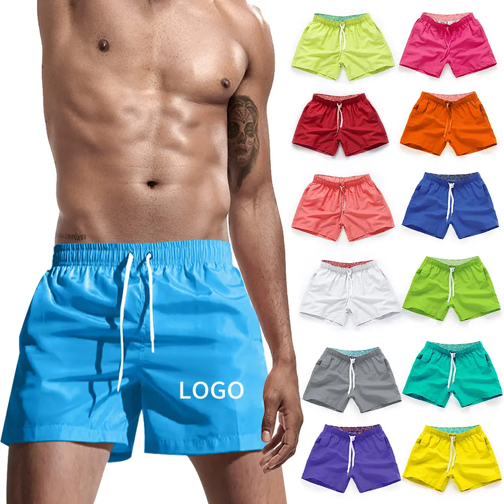 Shorts de bain pour hommes, bleu uni, séchage rapide, pour la plage, Logo personnalisable, 17 couleurs, 2020