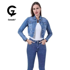 Chaqueta vaquera recortada de diseño europeo para mujer, informal, de encaje lavado con ácido sólido, contraste, primavera Otoño, agujero con incrustaciones de diamantes - Product Image 1