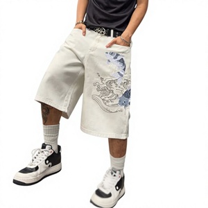 Shorts de Mezclilla Blancos para Hombre, Estampado de Pez Koi con Transferencia Térmica, Estilo Hip Hop, Casuales de Verano - Product Image 1