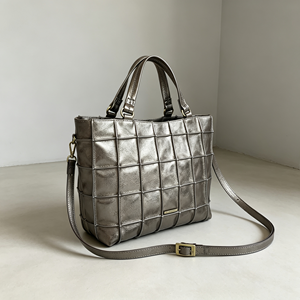 Women Metallic <b>Silver</b> Square Grid Tote Handbag Removable Crossbody Strap For Office - Product Image 2