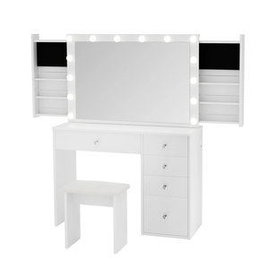 モダンなバニティセット照明付きミラーウッドパネル隠しスペースコンセント寝室用 - Product Image 1