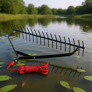 Rastrillo de doble cara para malezas acuáticas, 32x6.3 pulgadas, con púas metálicas de 22 dientes y cuerda roja de 30 pies para limpieza de estanques y lagos - Product Image 2