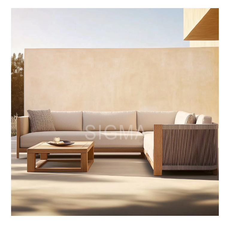 Customized Modular Garden Furniture All Weather Sofa Set Leisure Luxury Water Resistant Teak Wood Rope Outdoor Sofa Set