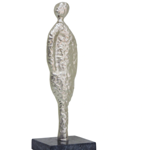 Statue Moderne Abstraite en Aluminium de Figure Humaine, Sculpture Métallique Texturée Argentée, Art Minimaliste Homme sur Socle en Marbre - Product Image 1