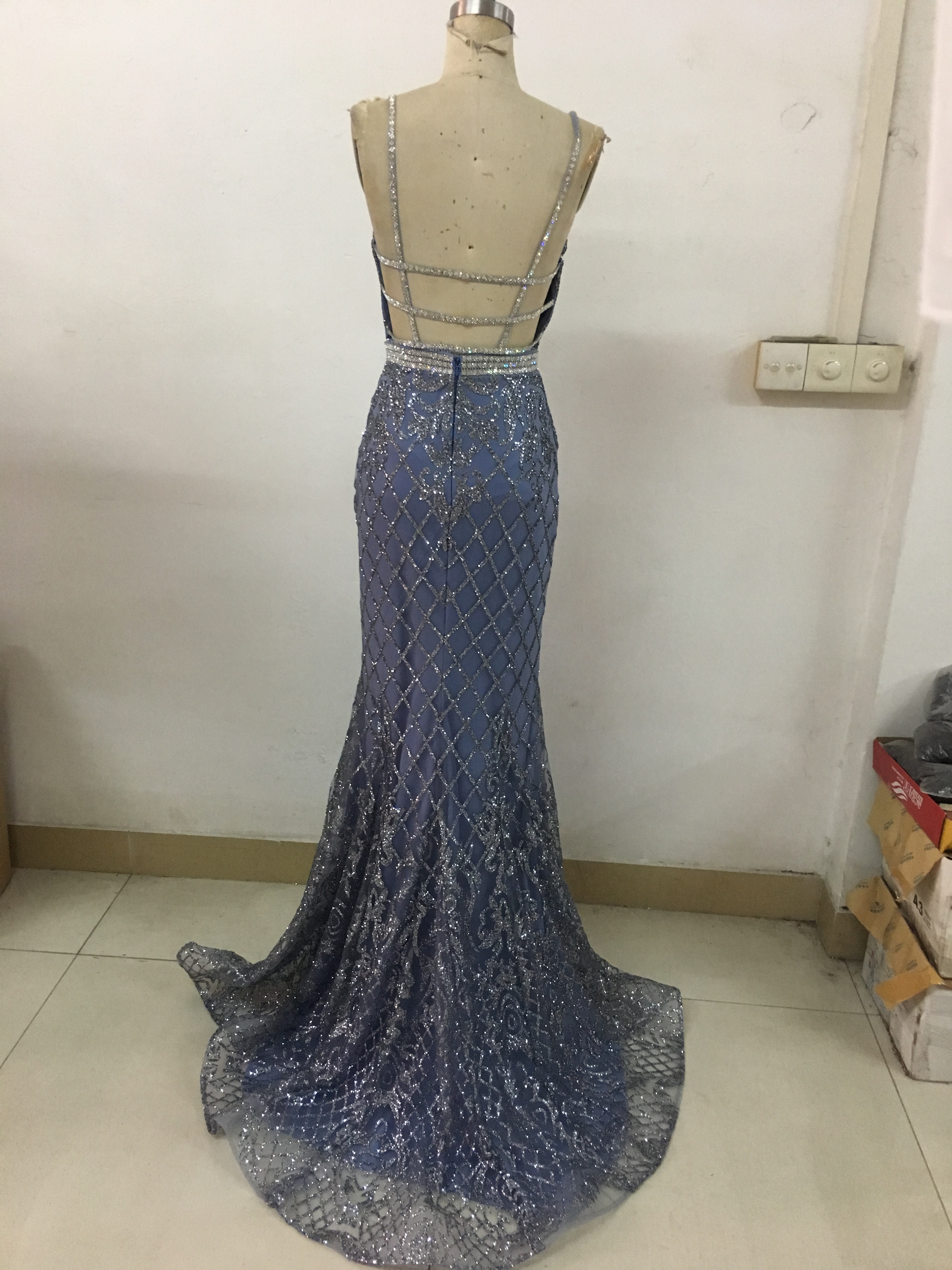 Sexy Mermaid Deep V Neck Rhinesto<i></i>nes Belt Waist Low Back Sparkle Fabric Prom Dress