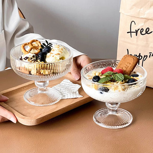 Cangkir Dessert Prancis Mewah Berukir Bergaris, Mangkuk Buah Yoghurt Bertangkai Tinggi, Gelas Es Krim Transparan - Product Image 3