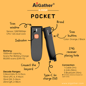 AiGather A-M2SR 분 휴대용 휴대용 휴대용 2.4G + BT 1D 2D USB Barkod Okuyucu 무선 바코드 스캐너 택배 서비스 - Product Image 6