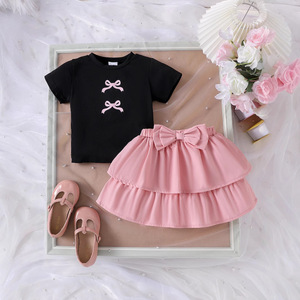 Conjunto de Verano para Niña Estilo Europeo y Americano, Camiseta de Algodón <span class=keywords><strong>con</strong></span> Estampado de Lazo y Manga Corta Negra y Vestido Tutú <span class=keywords><strong>con</strong></span> Volantes - Product Image 2