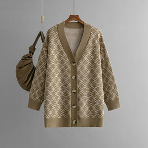 Suéter Cárdigan Informal Holgado de Punto a Cuadros con Cuello en V para Mujer - Product Image 1