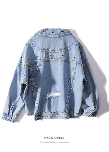 Rivets Personnalisés Grande Taille Vintage Femmes Bleu Denim Déchiré Jeans Crop Jackets - Product Image 4