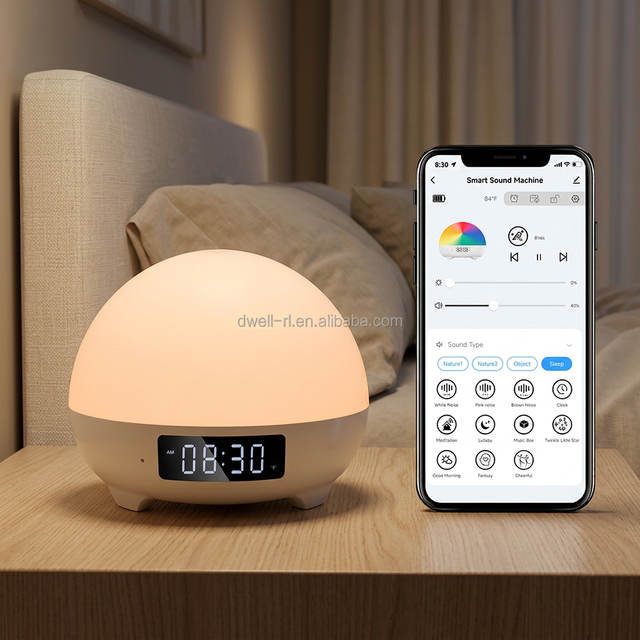 Smart White Noise Machine Alarm Clock APP Control RGB Night Light Rechargeable Battery Temperature Detection WiFi for Adults