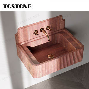 หินอ่อนธรรมชาติสีแดงสวยงามของโทสโตน พร้อมผนังกันเปื้อนแบบร่อง ดีไซน์อ่างล้างหน้าแบบแขวนผนัง สำหรับตกแต่งห้องน้ำสไตล์โมเดิร์นตามสั่ง - Product Image 3