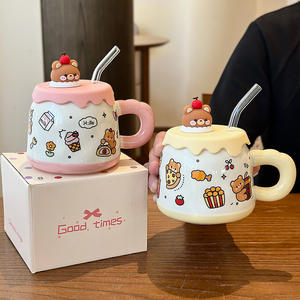 <b>Cute</b> Cartoon Ceramic <b>Mug</b> with Lid and Handle Pink Yellow Brown Color for Girls Kids Presents Spring 2025 - Product Image 1