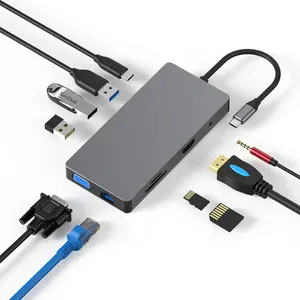 תכליתי Usb רכזת Ethernet ממשק פ"ד hdtv vga sd/tf אוזניות שקע usb3.0 10 ב 1 רב יציאות מהיר מהירות תחנת עגינה
