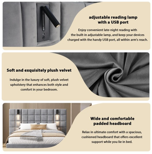เตียงคิงไซส์ทรงกลมทันสมัย OE HOME หุ้มผ้าสีเทาแบบ Tufted พร้อมโคมไฟอ่านหนังสือปรับได้ พอร์ต USB ดีไซน์อัจฉริยะ นุ่มสบาย เป็นมิตรกับสิ่งแวดล้อม - Product Image 6
