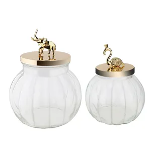 Easter Luxury Elephant Pattern Metal Cover Glass Pumpkin Storage Glass Jar With Metal Lid