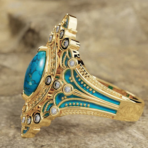 T0924 Women's Cocktail <b>Ring</b> 18K Solid <b>Gold</b> <b>Turquoise</b> Marquise Cut Round Diamond Bezel Setting Geometric Party Jewelry - Product Image 6