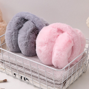 Orejeras de piel de conejo sintética, calentadores de orejas plegables y cálidos para invierno, para mujeres, estudiantes, uso en interiores, color gris, rosa, color polvo - Product Image 3
