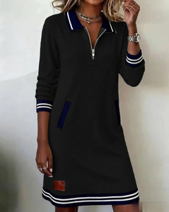 <span class=keywords><strong>Robe</strong></span> pull mi-longue pour <span class=keywords><strong>femme</strong></span> à demi-zip, color block, avec poignets et ourlet rayés, coupe ample droite, manches 3/4, décontractée pour le quotidien - Product Image 5