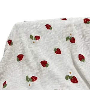 Wholesale customized cute strawberry printing 100% cotton soft double layer gauze plain cotton clothing baby fabric