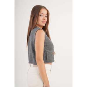 Gilet en tricot anthracite pour femme, sans manches, en laine, avec boutons dorés, doubles poches, vêtement d'extérieur - Product Image 4