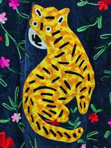 Hand Embroidered Breathable Cotton Velvet Safari <b>Jacket</b> <b>Mandarin</b> <b>Collar</b> Full Sleeve Floral Pattern Tiger Design Women's Finished - Product Image 4
