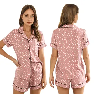 물방울 무늬 프린트 여름 짧은 소매 대나무 비스코스 잠옷 대조 배관 Pijama 사용자 정의 라운지웨어 여성 세트