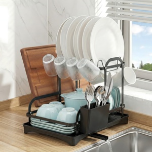 Égouttoir de comptoir multifonctionnel avec système de drainage, organisateur de cuisine, égouttoir à vaisselle, porte-tasses, bac à ustensiles et planche à découper - Product Image 1