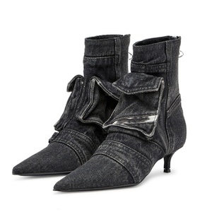 Denim Pockets Ankle Boots Low Heels Dress Stiletto Women Jeans Back Zipper Shoes Retro Styles Short <b>Booties</b> - Product Image 2