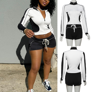 017 nuovi arrivi set a blocchi di colore Sport 2 pezzi completo da donna tute autunnali giacca Zip + pantaloncini con coulisse - Product Image 2