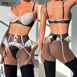 Lencería sexy europea y americana, sujetador push-up sexy para mujer, conjunto de sujetador de encaje, atuendo de lencería de sirvienta con aros. - Product Image 1