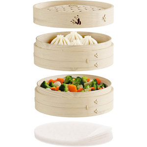 Cesta Vaporera de Bambú Natural de 10-30 cm con Tapa de Acero Inoxidable, Capacidad de 6 L, 2 Niveles para Cocinar al Vapor Verduras, Bollos, <span class=keywords><strong>Dim</strong></span> <span class=keywords><strong>Sum</strong></span> - Product Image 2