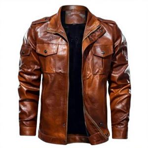 BS International NA227 Blouson d'hiver en cuir naturel marron, imperméable et coupe-vent, col mandarin, fermeture éclair frontale, style Racer - Product Image 6