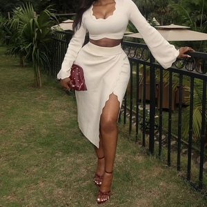 Women's Fall New Arrival Fresh Bell-Sleeve Slim-Fit Solid-Color Top & Split Skirt 2-Piece <b>Set</b> Fashion - Product Image 4