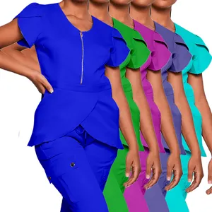 Design de moda azul royal arrumação feminina médica esfrega hospital food service uniformes com ouro invisível zipper scrub top