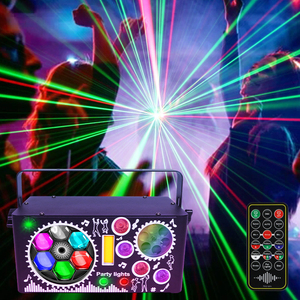 Luz de fiesta colorida 7 en 1 a todo Color RGB LED láser activado por sonido remoto <span class=keywords><strong>DMX512</strong></span> Luz de escenario para fiesta boda salón de baile Luces - Product Image 1