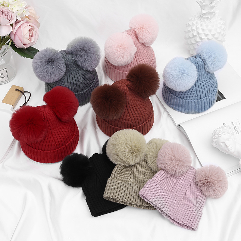 Gorro de invierno para niños pequeños, gorro de piel sintética con 2 dos pompones dobles, gorro con orejas de Pompón, divertido para niños y niñas