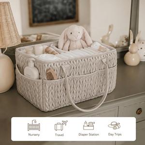 Panier de rangement matelassé tendance motif épi de blé multi-poches pour couches et accessoires de bébé, idéal pour l'organisation de la chambre de bébé et les cadeaux de naissance - Product Image 3