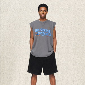 Chaleco Gráfico Oversize Gris Lavado con Letras Estilo Burbuja 'No Stress Just Chill', Estilo Casual, Playa, Streetwear, Nota Musical, Top Hip Hop para Hombre, Talla EE. UU. - Product Image 3