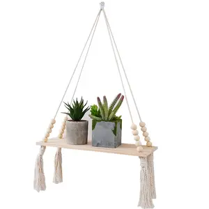 NISEVEN Handmade Cotton Macrame Wandbehang Pflanze Blume Kleiderbügel Top flappen Makramee Holz schwimmende Regale Innendekoration