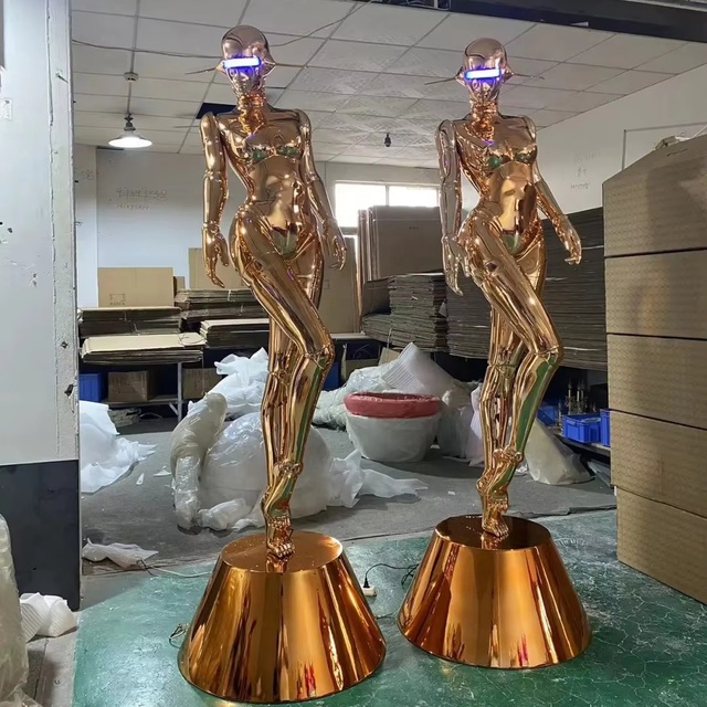 Fiberglass Cyberpunk Robot with Purple LED Head Glow & Blue Arm Strips Viral Bar Photo Spot