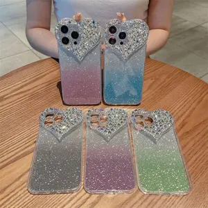 Luxe Strass Gradient Paillettes Mobile Téléphone Cas Pour iPhone 15 14 13 12 Pro Max Amour Coeur Bling Diamant Caméra Couverture Arrière