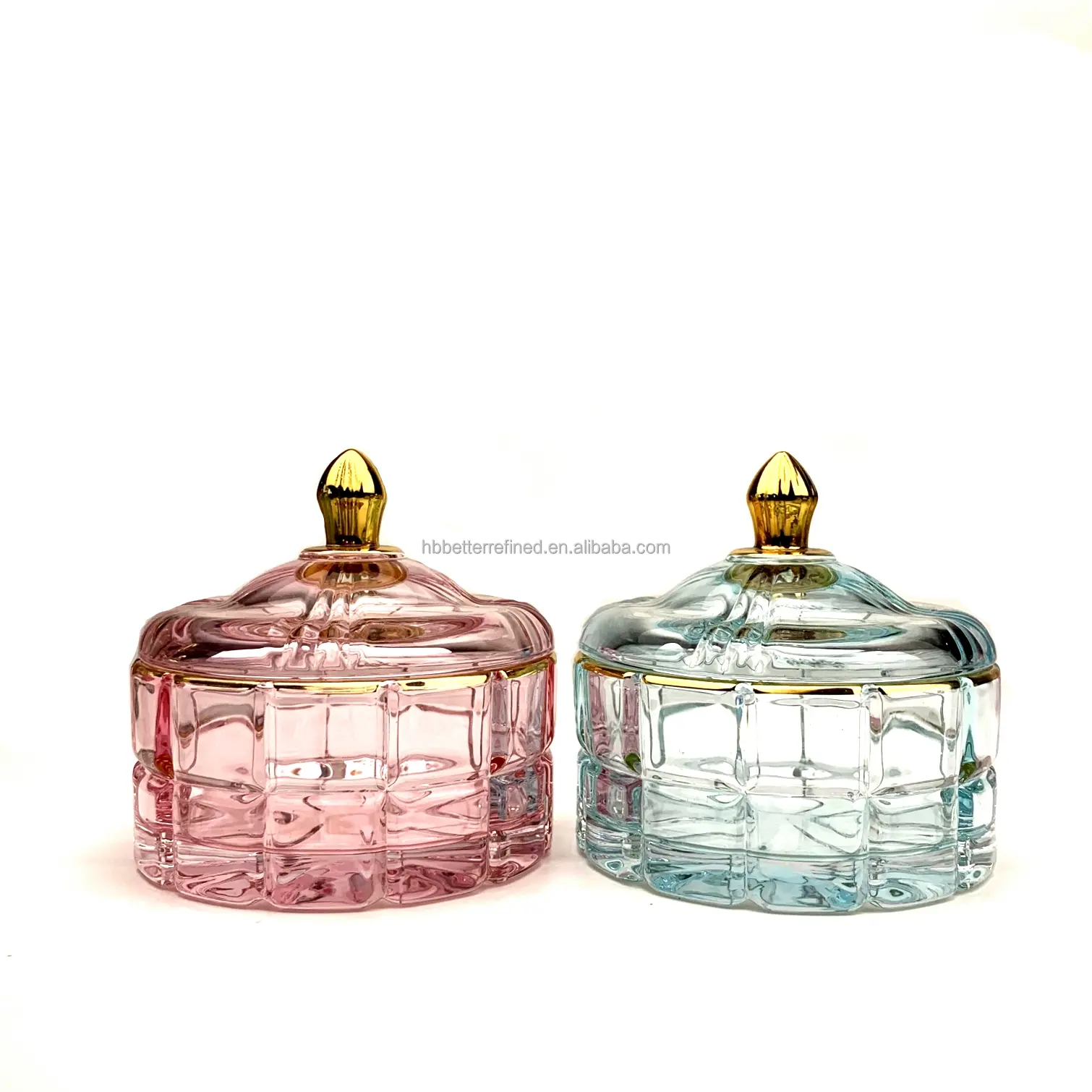 Bougies en verre à motif à carreaux colorées personnalisées de 7oz décor pot de mariage avec couvercle en or
