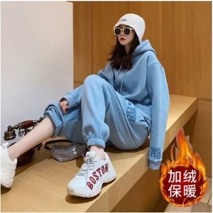 Women's Fleece Lined Tracksuit Set Sky Blue Loose Fit Casual Two Piece Autumn Winter Korean Style Sweatshirt Outfit - Product Image 4