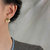 Boucles d'oreilles clous de luxe haut de gamme rose et vert bicolores en cristal, motif floral inspiré de la forêt, avec zircon et émail, fleurs 3D pour femme