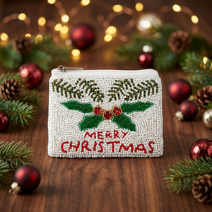 Pochette perlée de Noël, porte-monnaie brodé, trousse de toilette à fermeture éclair, sac cadeau de fêtes - Product Image 1