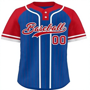 Camiseta de Béisbol Azul y Roja a Rayas, Sublimada, Manga Corta, Unisex, Transpirable, con Cierre de Botones, en Venta - Product Image 1