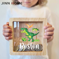 Tirelire en bois et en verre au design de dinosaure mignon avec motifs pour l'épargne des enfants et la décoration de la maison